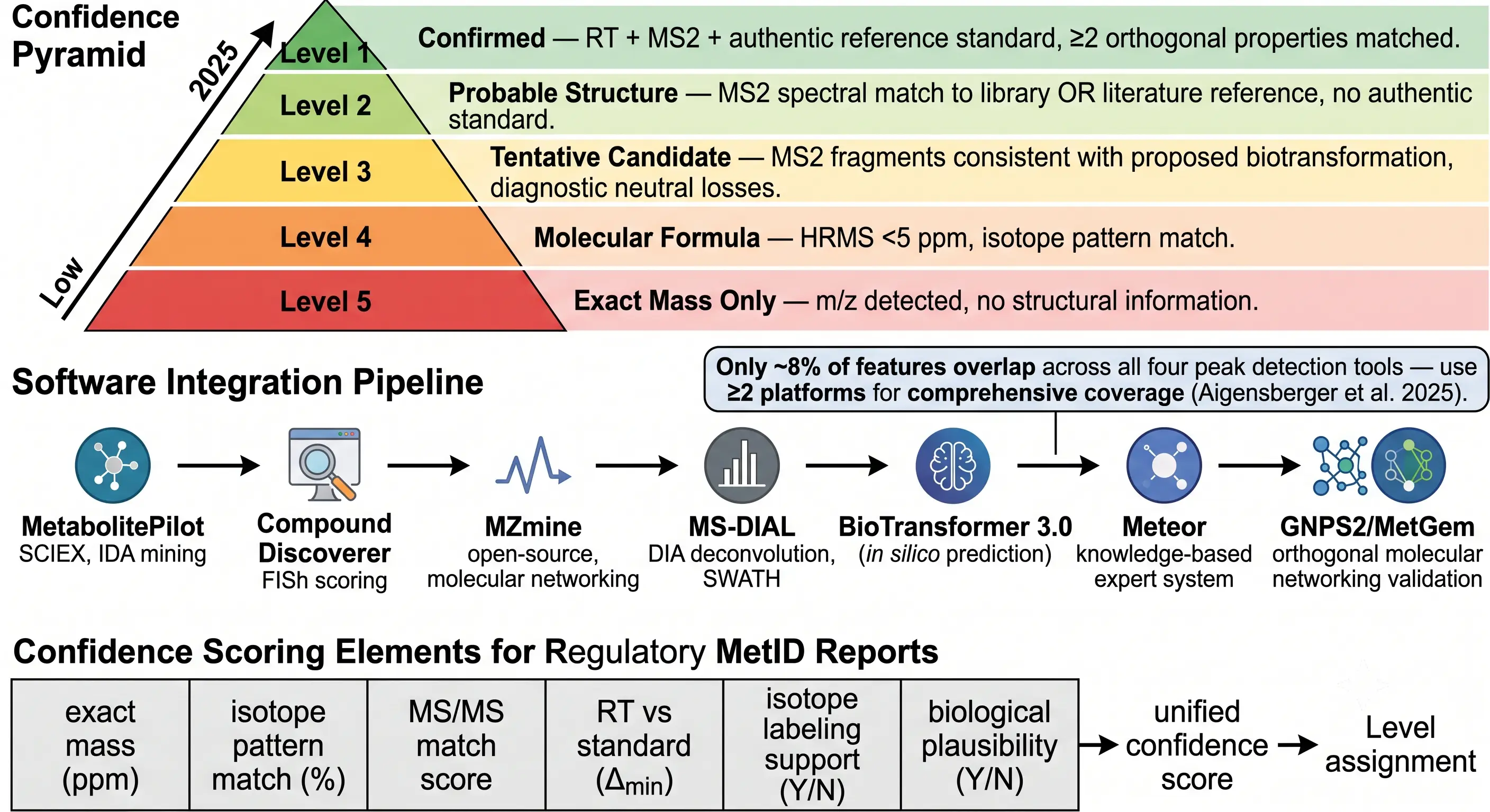 Five-level MSI confidence pyramid from Level 5 (exact mass) to Level 1 (authentic standard), 2024 identification probability framework, and multi-software MetID pipeline integration