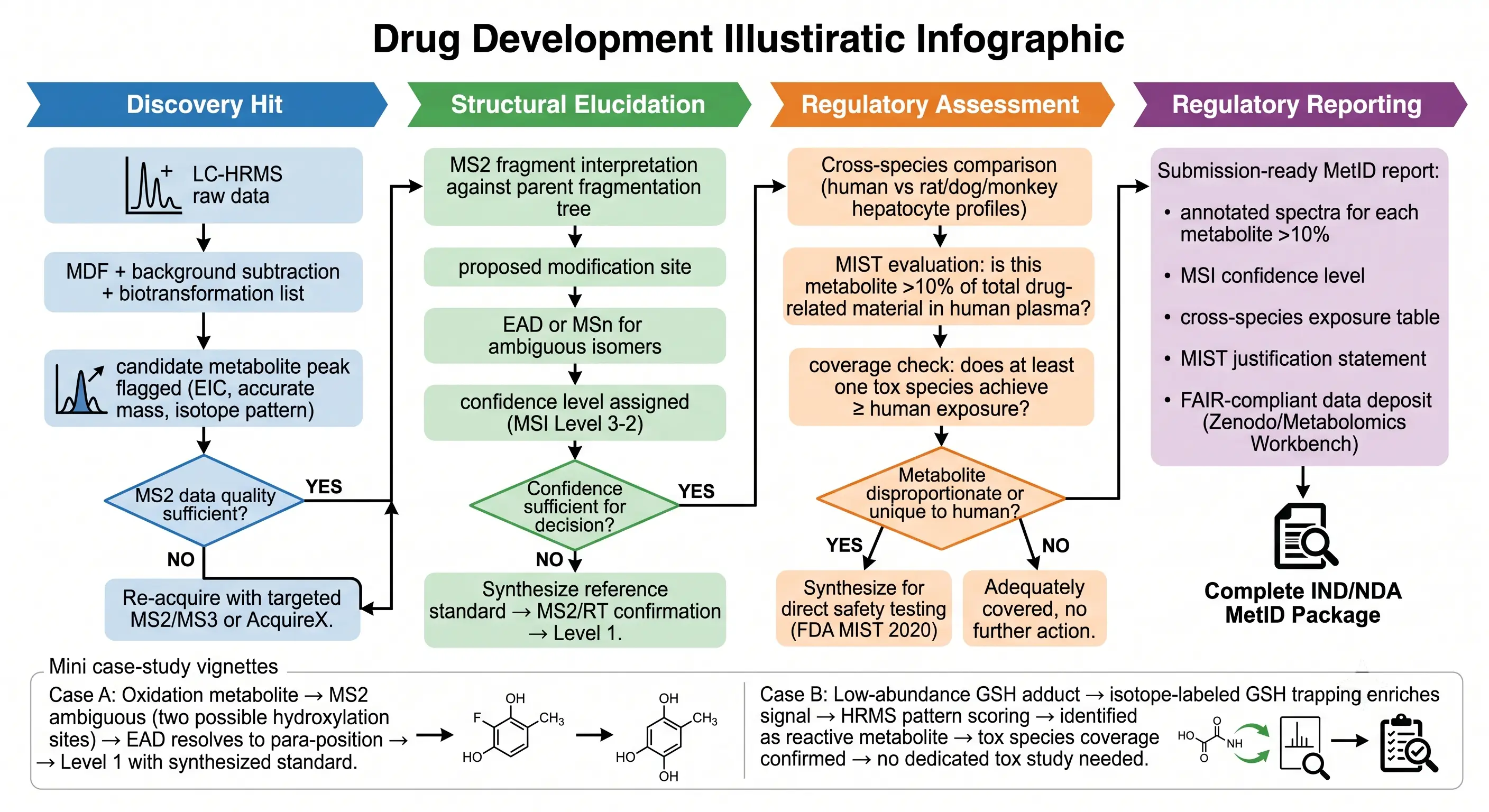 MetID decision tree from discovery LC-HRMS hit through structural elucidation to MIST regulatory assessment with cross-species comparison and FAIR-compliant reporting