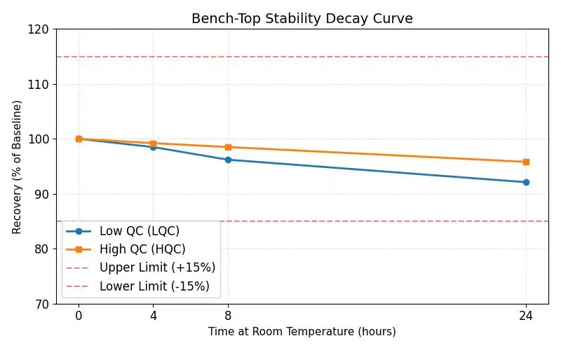 Stability Decay Plot showing % remaining analyte over time at room temperature