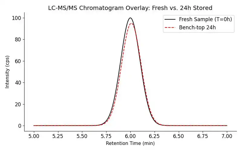 LC-MS/MS Chromatogram Overlays comparing fresh vs 24h bench-top samples