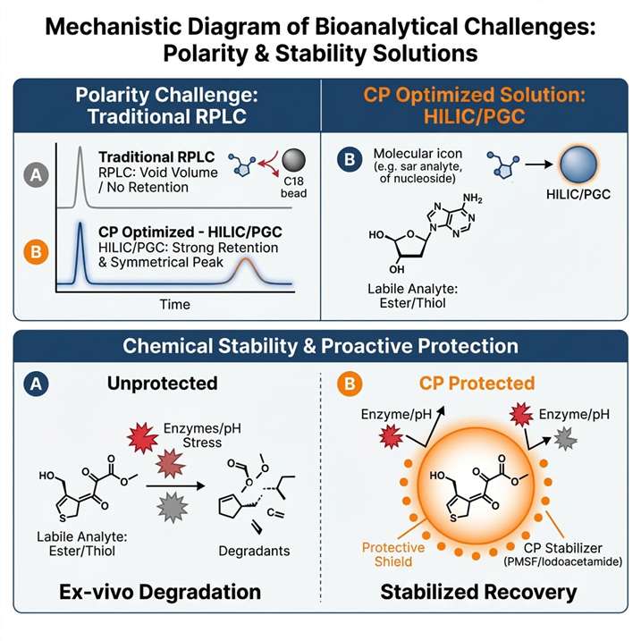 Mechanistic visualization of HILIC retention for polar compounds and chemical stabilization for labile analytes