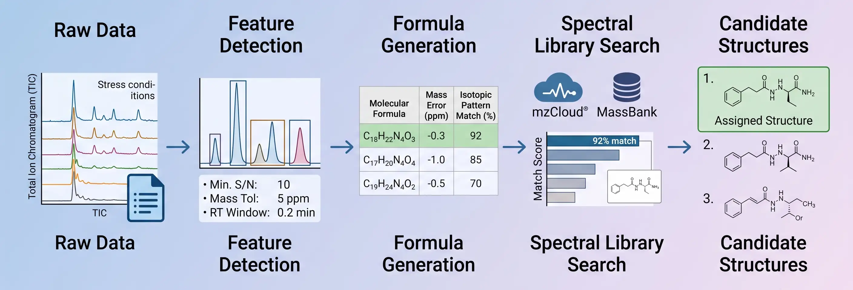 Data processing workflow showing feature detection, formula generation, isotopic matching, and spectral library search