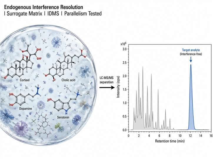 Endogenous interference resolution workflow showing complex biological matrix with endogenous molecules separated by LC-MS/MS