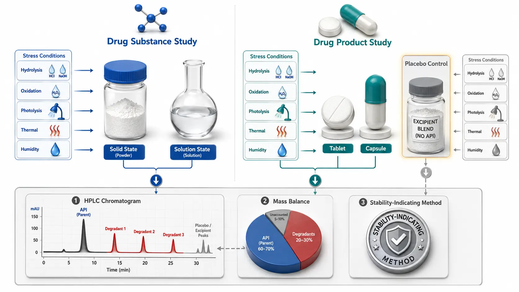 Side-by-side comparison of drug substance vs drug product forced degradation study design