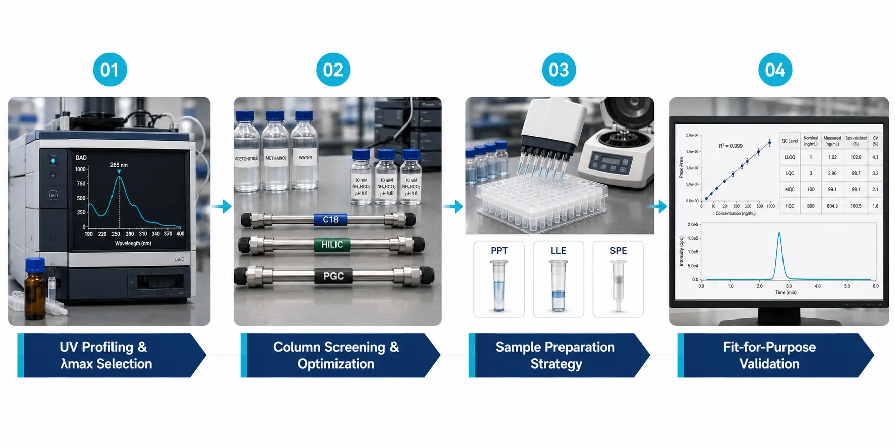 HPLC-UV method development workflow: UV absorption profiling, column screening, sample preparation, and fit-for-purpose validation