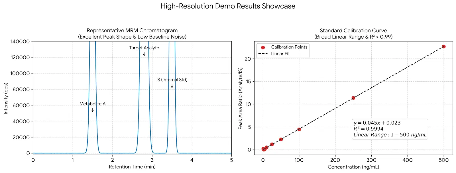 High-Resolution LC-MS/MS Demo Results Showcase including MRM Chromatograms and Calibration Curves