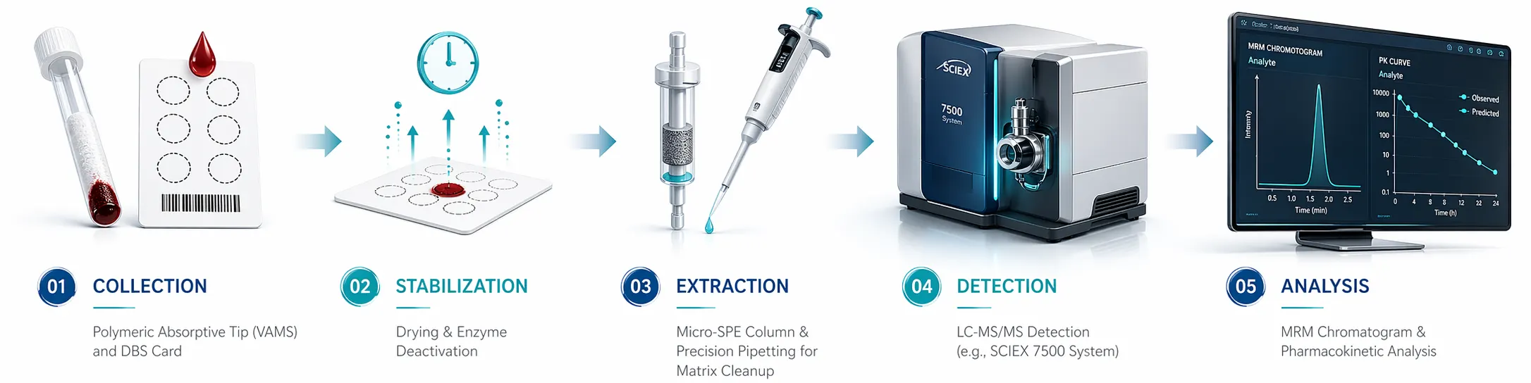 5-step scientific workflow for microsampling de novo method development and LC-MS/MS analysis