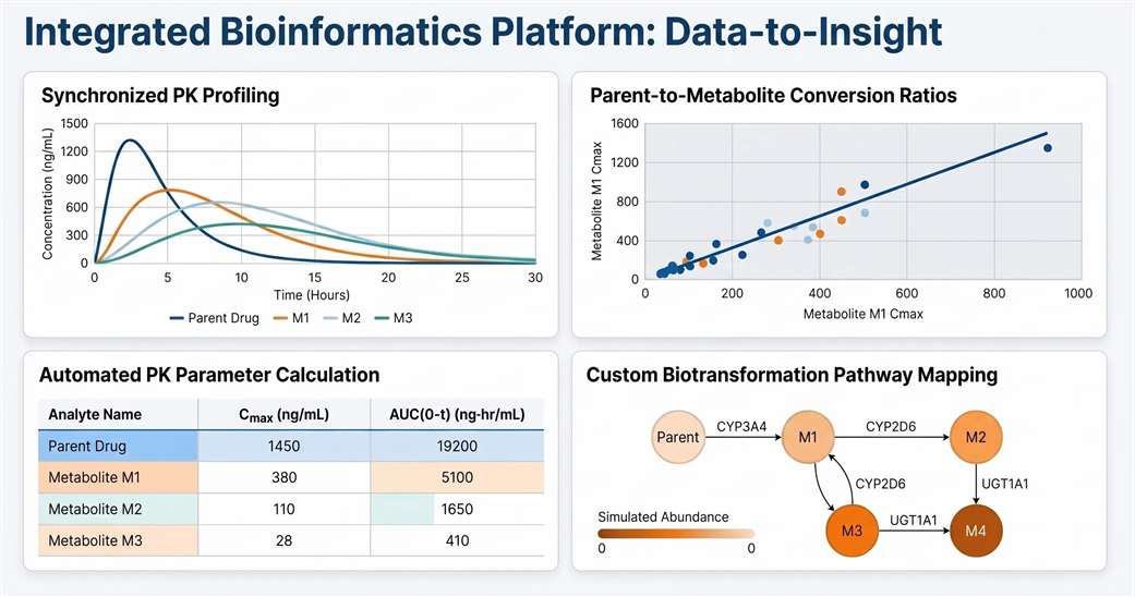 Integrated Data Analysis Dashboard for PK & Metabolic Mapping showing PK calculation and pathway visualization.