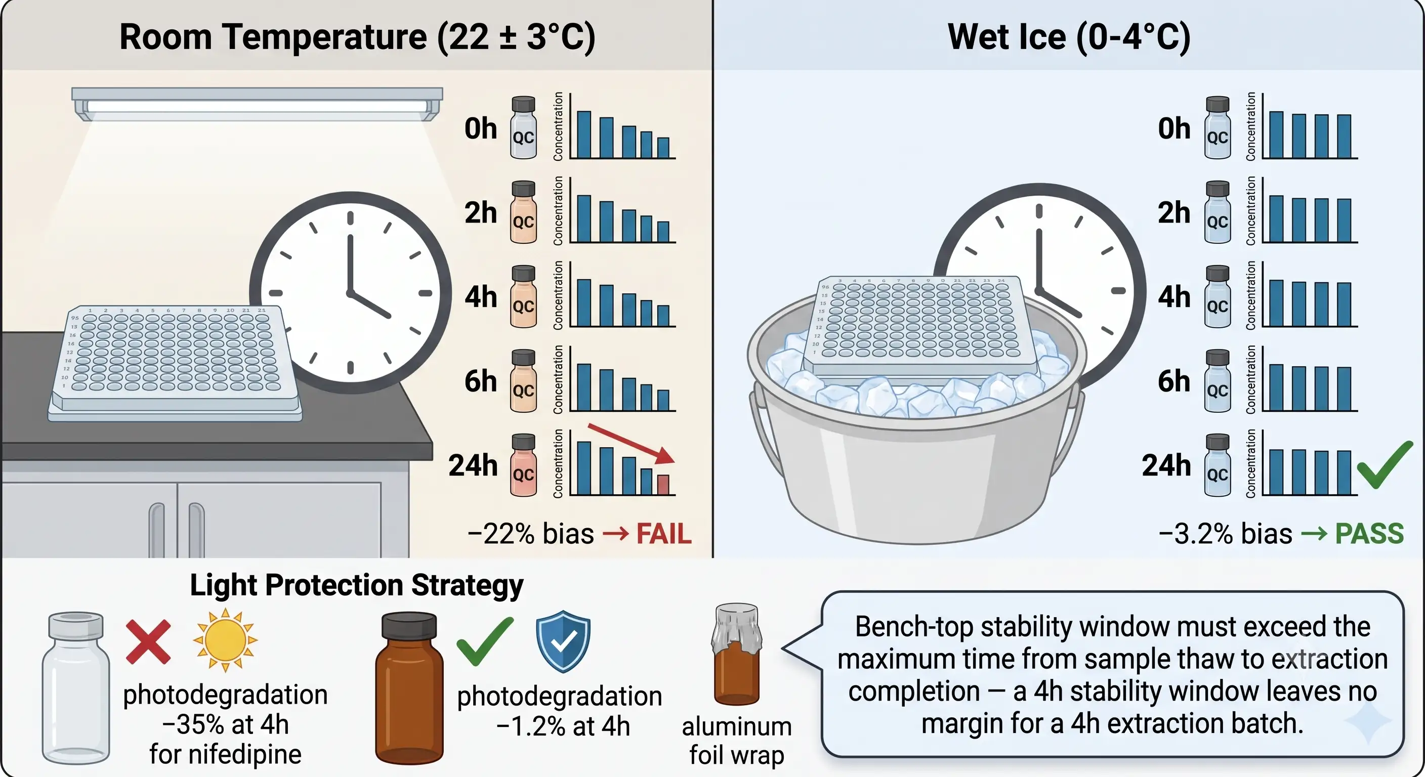 Bench-top stability experiment design comparing room temperature and wet ice conditions with light protection strategy for photolabile analytes