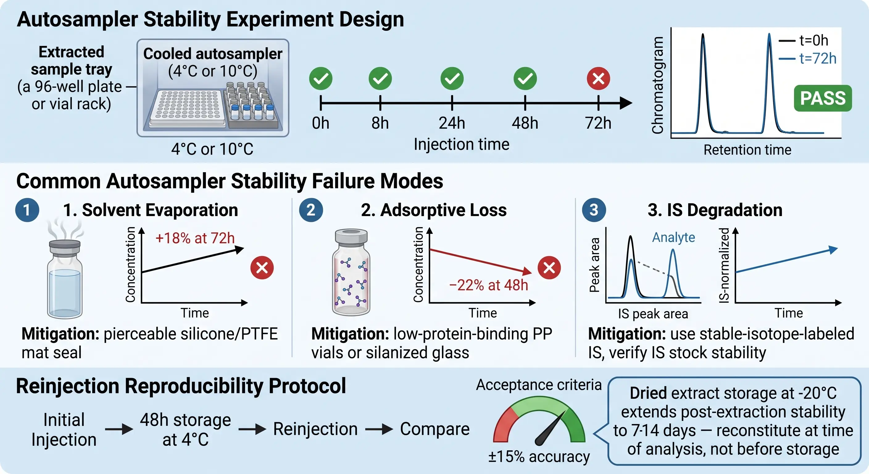 Processed sample and autosampler stability assessment covering solvent evaporation, adsorptive loss, IS degradation, and reinjection reproducibility