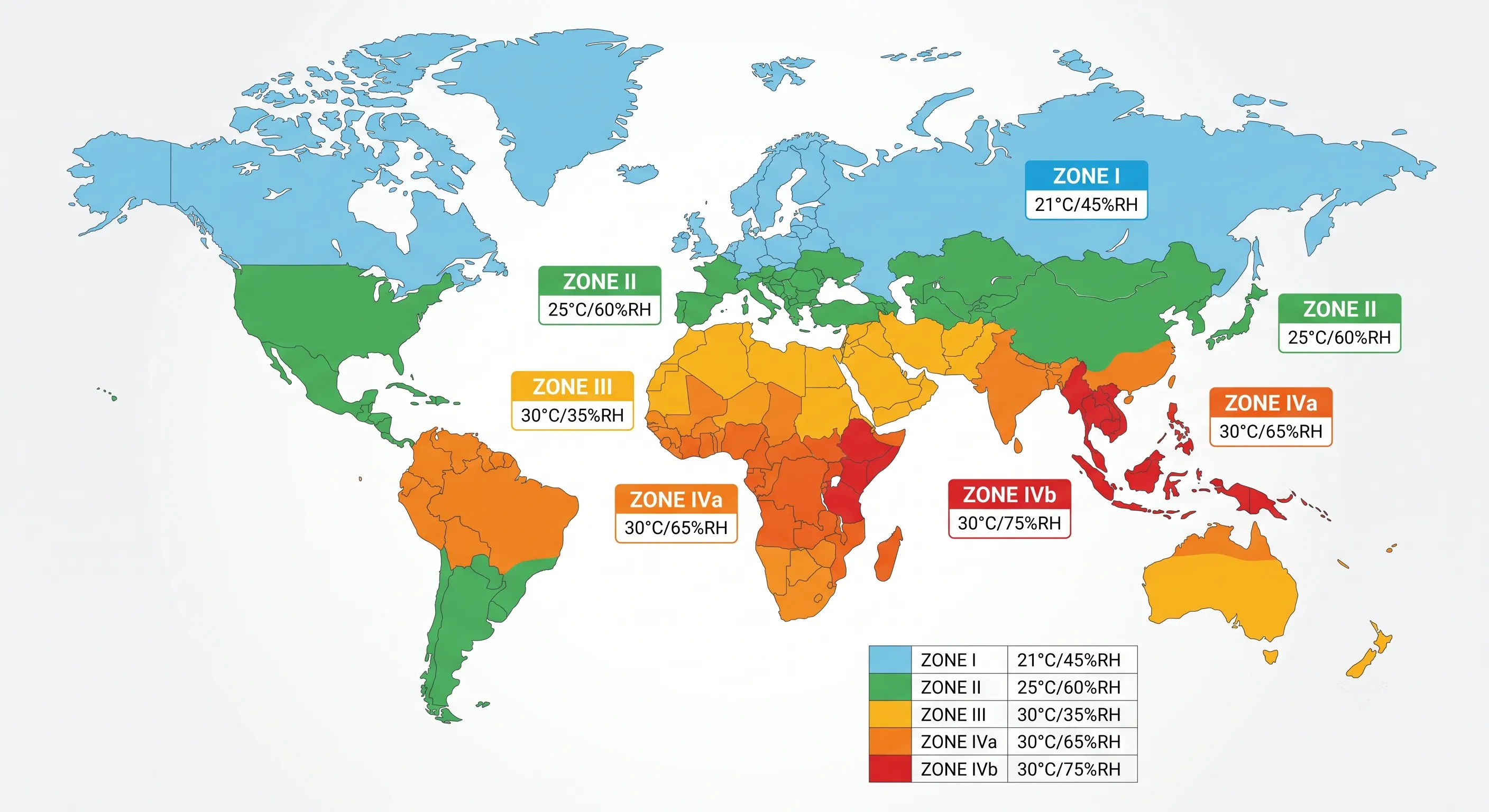 World map showing ICH climatic zones I through IVb with corresponding long-term storage conditions