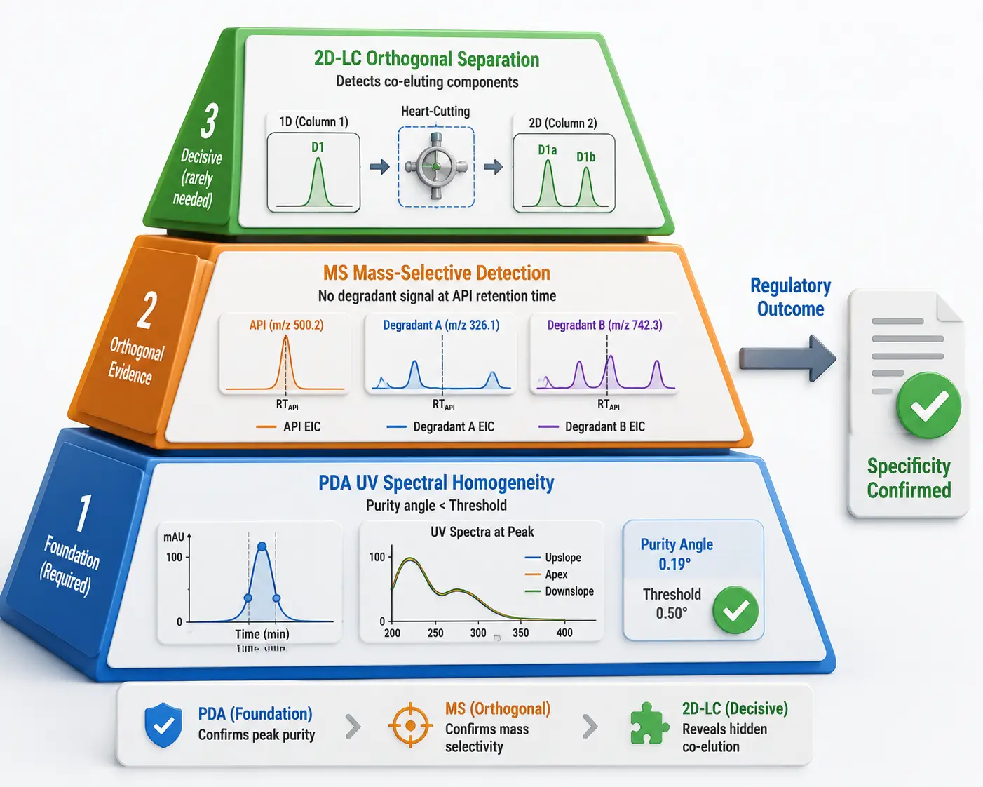 Pyramid of peak purity evidence from PDA through MS to 2D-LC orthogonal confirmation