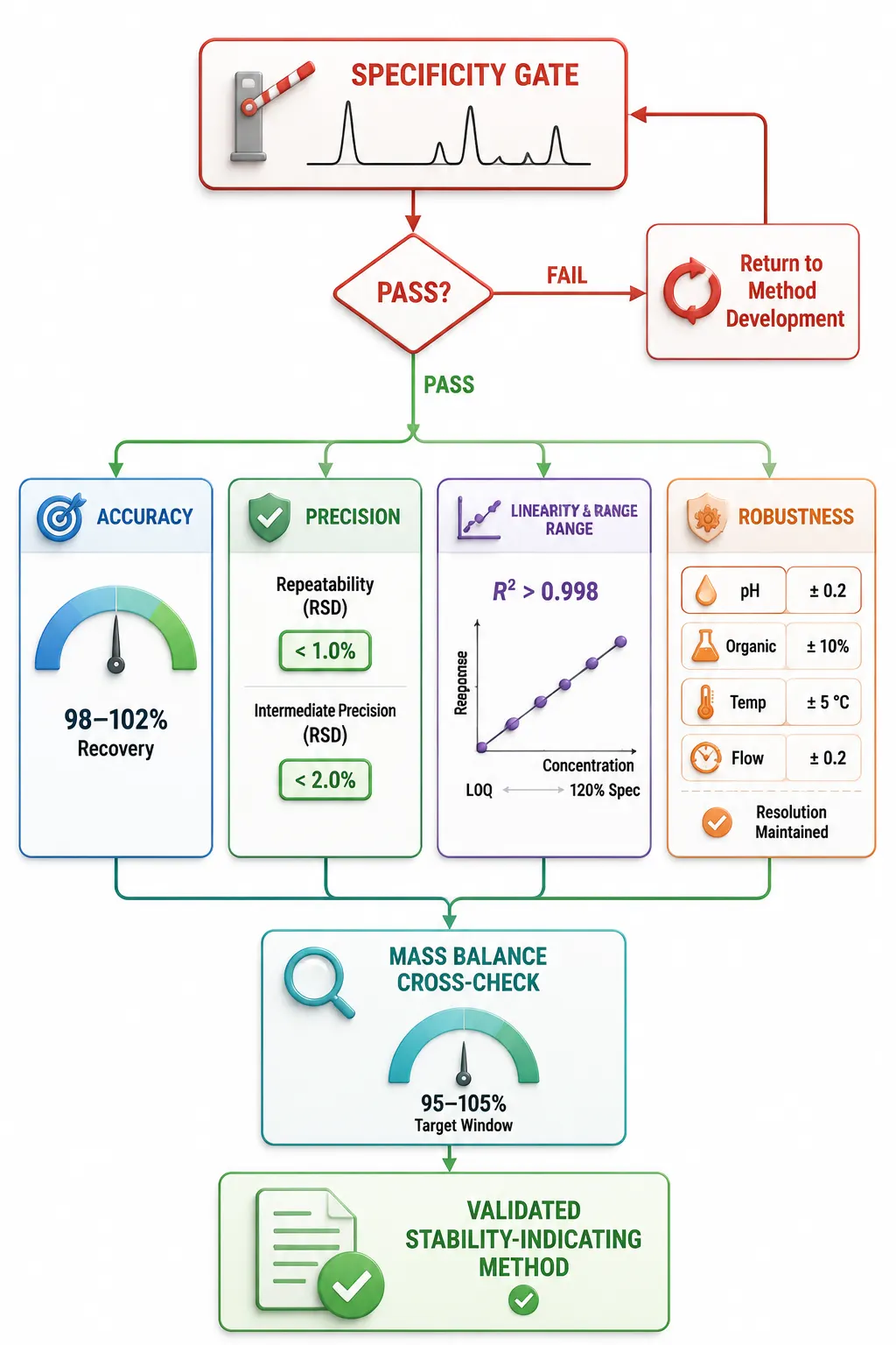 Sequential validation workflow showing specificity gate, then accuracy, precision, linearity, and robustness